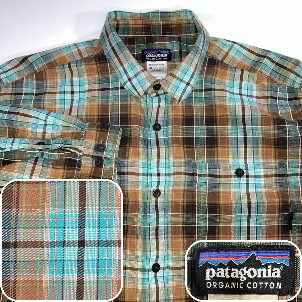 Patagonia Organic Cotton Shirt Mens Large Teal Brown Plaid Button Up Outdoor